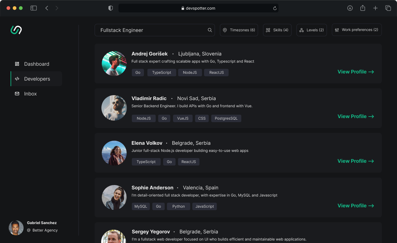 Preview of the Devspotter search page